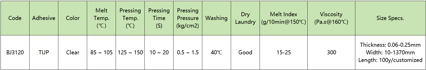 High Elastic TPU Hot Melt Adhesive Film BJ3120 High Elastic TPU Hot Melt Adhesive Film BJ3120